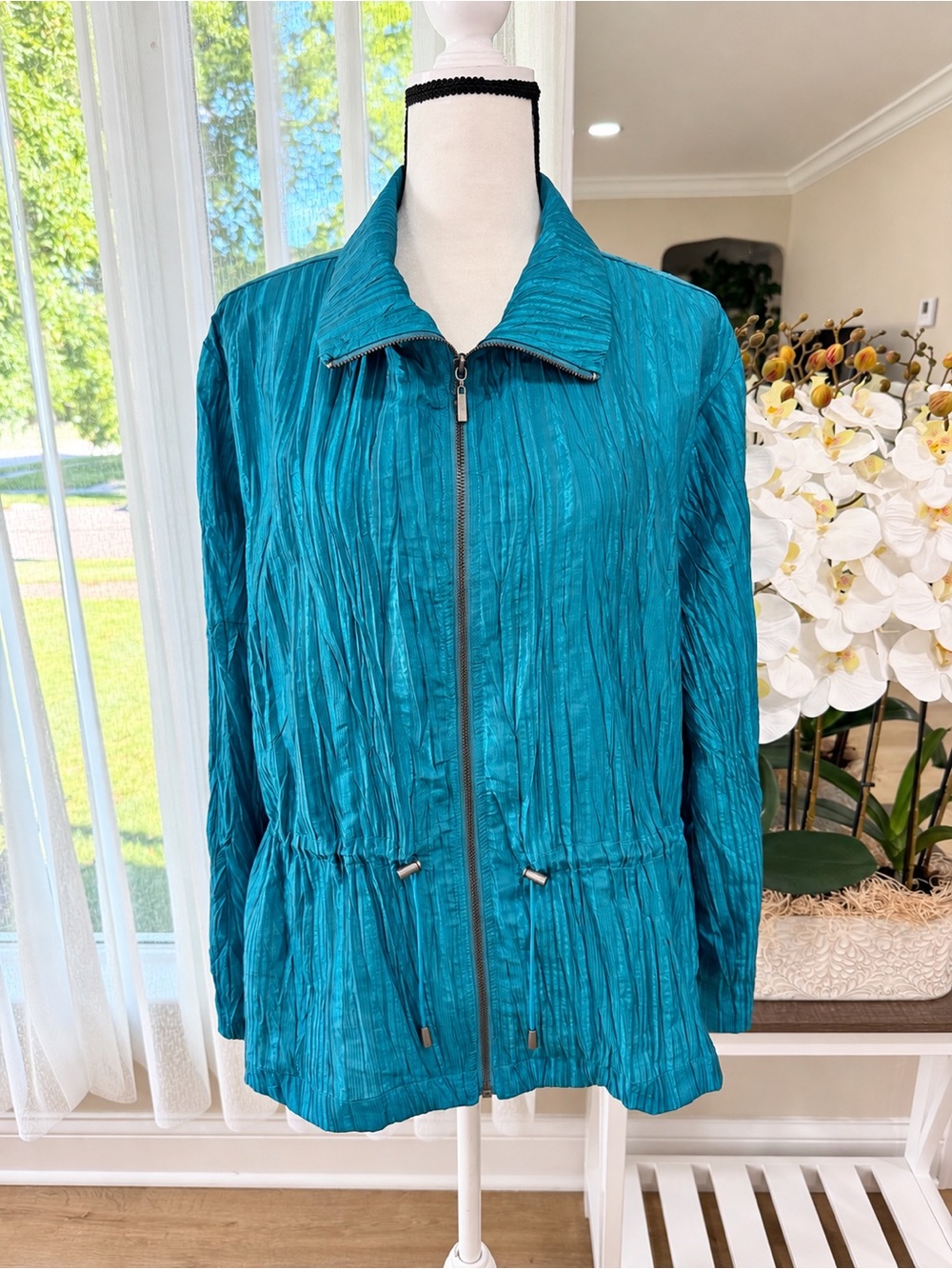 Ruby Rd Women’s Size 18 Teal Crinkle Jacket Zip Front Roll-Tab Sleeve Drawstring